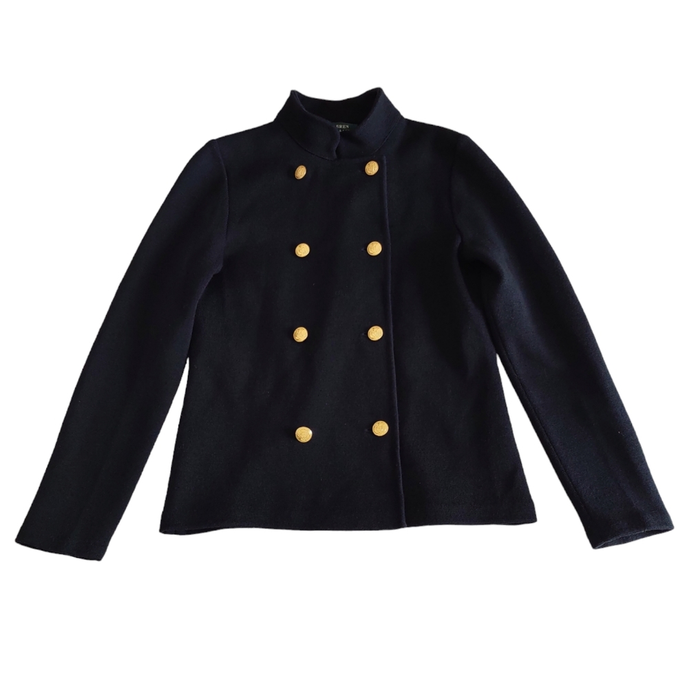 Lauren Ralph Lauren Petite Size PP Merino Wool Navy Crest Button Sweater Jacket